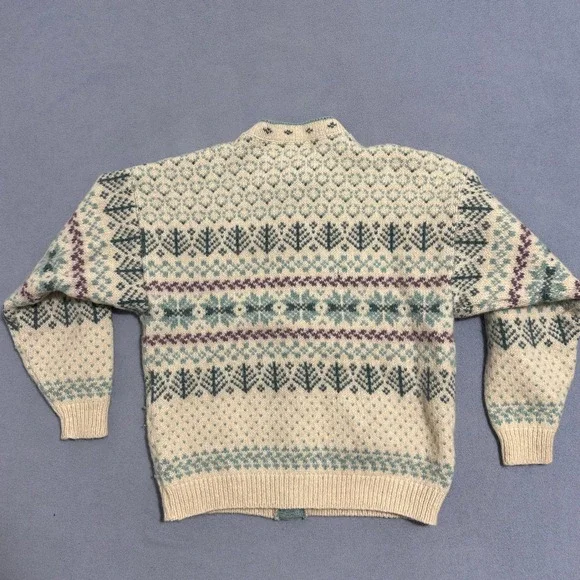 L.L. Bean Vintage Nordic Wool Cardigan Fair Isle Teal Cream Womens Size XL - Picture 2 of 10
